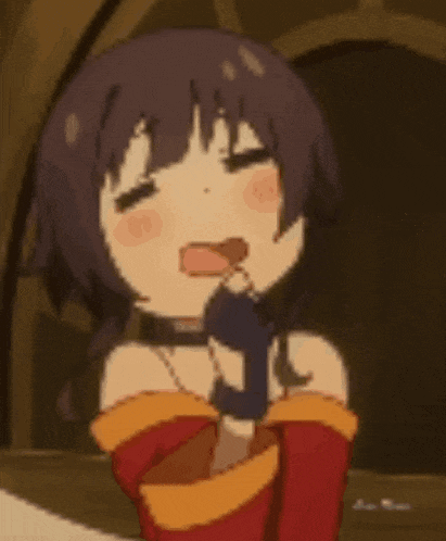 a cartoon girl is sitting at a table with her mouth open .