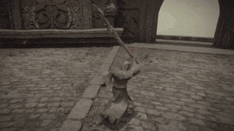 a person is standing on a brick floor in a video game and a sword is coming out of the ground .
