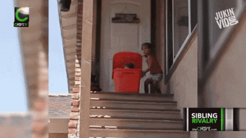 a child sits on the steps of a house next to a sign that says ' sibling rivalry '