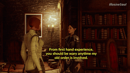 two women are talking in front of a bookshelf with the words from first hand experience