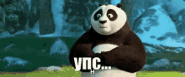 a panda bear from kung fu panda is standing in a field with his arms crossed and says ypc .