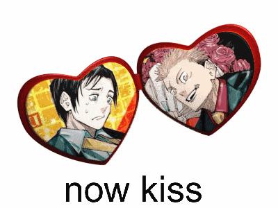 two hearts with a picture of a man and a woman in them and the words `` now kiss '' below them .