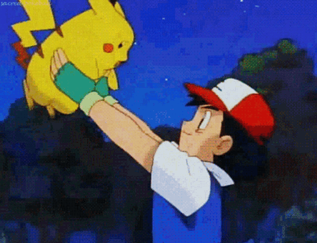 ash is holding a pikachu in his hands in a cartoon scene .