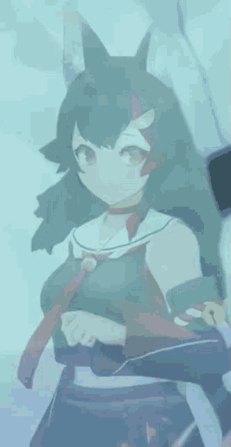 a close up of a anime girl with a cat ears and a sword .