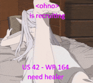 a picture of a girl reading a book with the words ohno is recruiting us 42 wr 164 need healer on the bottom