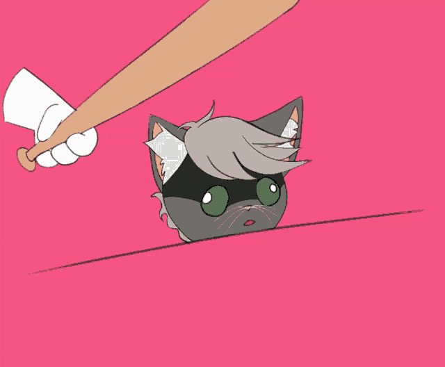 a drawing of a cat holding a baseball bat with the word bonk written below it