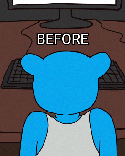 a cartoon of a blue bear sitting in front of a computer screen with the word before above it