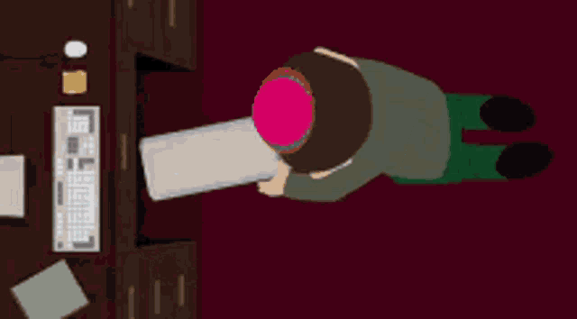 a cartoon character is working on a computer in a room