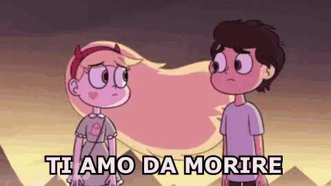 a cartoon of a boy and a girl standing next to each other with the words ti amo da morire above them