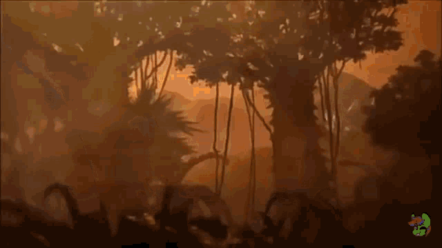 a drawing of a sunset with a green frog on the bottom right
