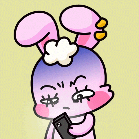a cartoon of a pink bunny holding a black phone