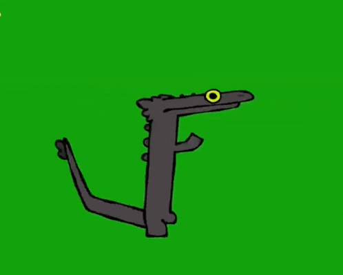 a cartoon of a lizard with yellow eyes standing on a green screen .