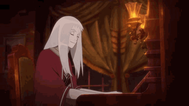 a woman with long white hair is standing in front of a lamp