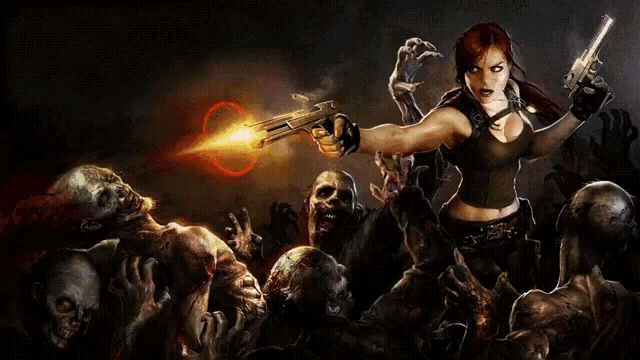 a woman is holding a gun in front of a group of zombies