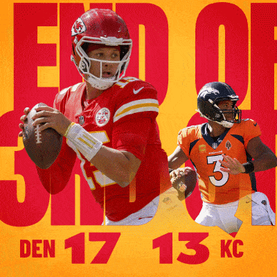 a poster with two football players and the words end of sunday den 17 13 kc on it