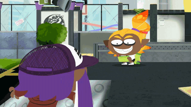 a cartoon character wearing a purple hat stands next to a cartoon character wearing a green hat