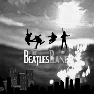 a poster for the beatles planet shows a city on fire