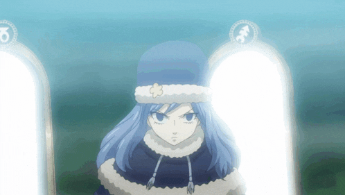 a girl with blue hair stands in front of a mirror with a zodiac sign on it