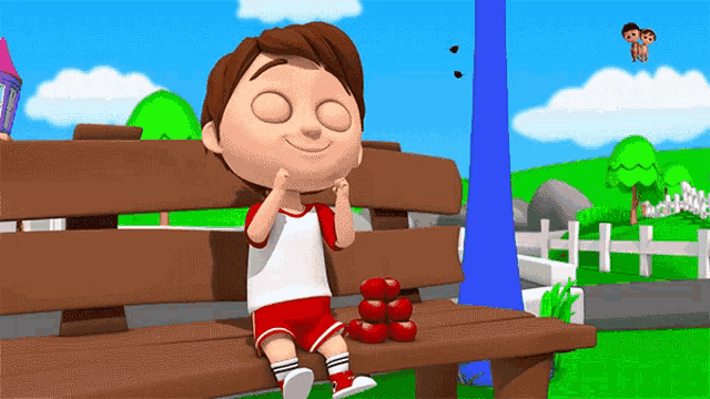 a boy sitting on a bench with his eyes closed