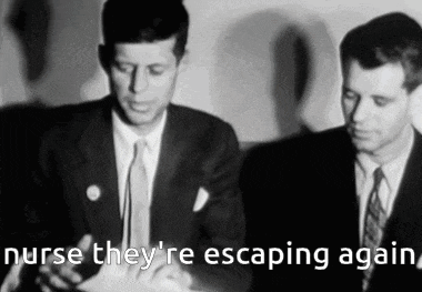 a black and white photo of two men with the words nurse they 're escaping again below them