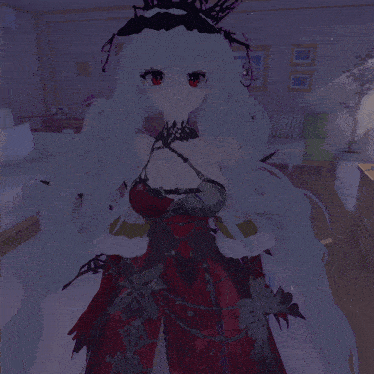 a girl with white hair and red eyes is standing in a bedroom
