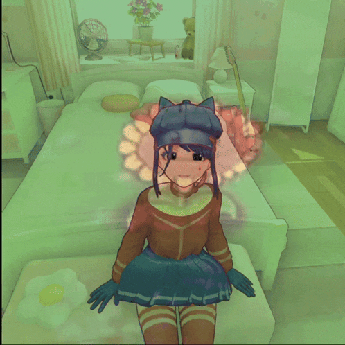 a girl in a blue hat is sitting in a bedroom