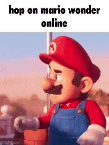 a picture of mario with the words hop on mario wonder online
