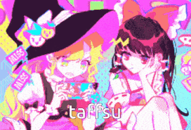 a colorful drawing of two girls with taffsu written in the bottom right corner