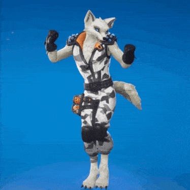 a fox with blue eyes is standing on one leg