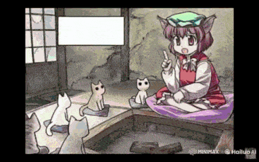 a cartoon of a girl sitting on a pillow surrounded by cats and a sign that says minimax