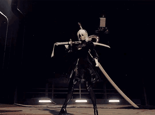 a woman holding a sword in a dark room with fireworks behind her