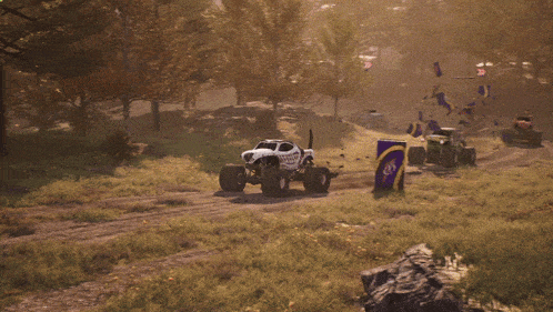 a monster truck with a long tail is driving down a dirt road in a video game