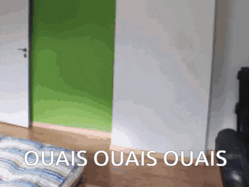 a bedroom with a green door and the words ouais ouais ouais on the wall