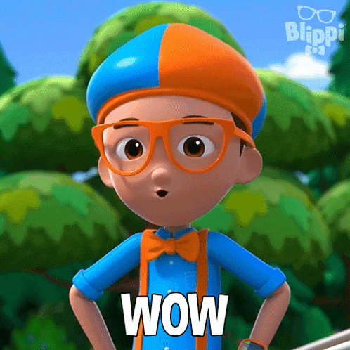 a cartoon character from blippi says wow in front of trees