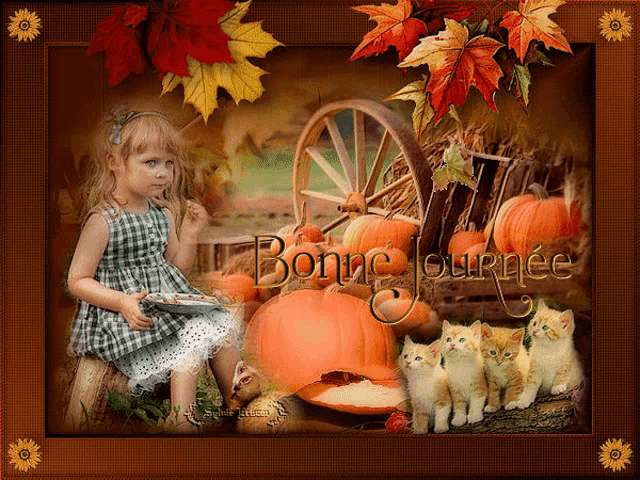 a picture of a little girl surrounded by pumpkins and kittens with bonne journee written on the bottom
