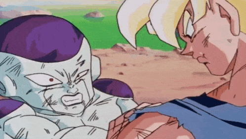 a cartoon of goku and frieza standing next to each other and looking at each other .