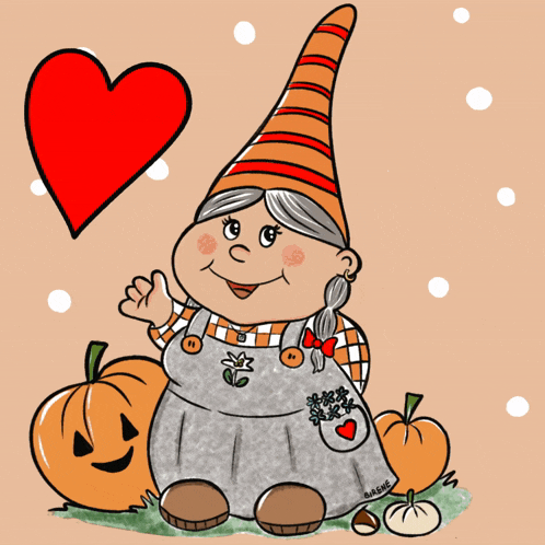 a cartoon of a gnome with pumpkins and a heart behind her