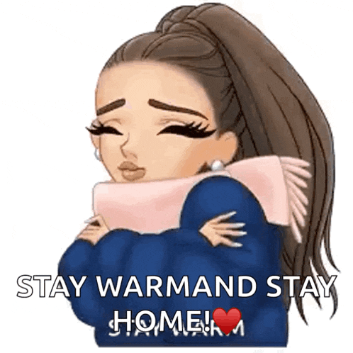 a cartoon of a girl with a scarf around her neck and the words stay warm and stay home
