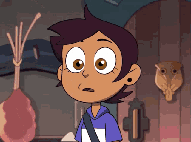 a cartoon character with big eyes and a purple shirt looks surprised
