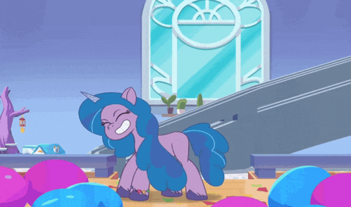 a cartoon pony is standing in front of a building with a window