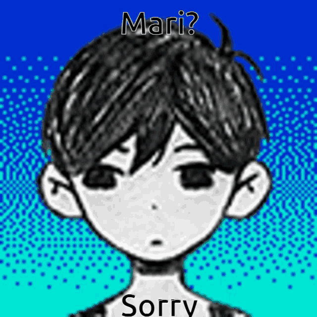 a black and white drawing of a boy with a blue background and the words `` mari ? sorry '' .