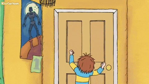 a cartoon of a boy standing in front of a door with kisscartoon written on the bottom