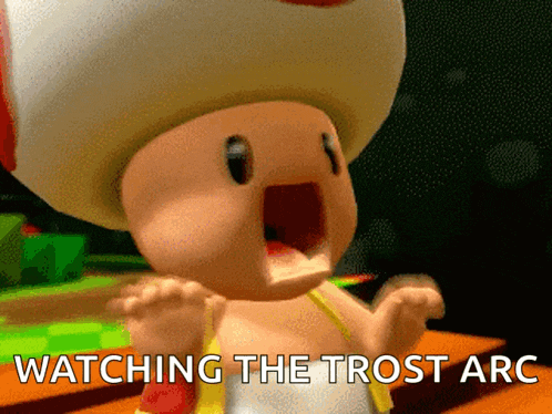 a toad with its mouth open and the words watching the trost arc above it