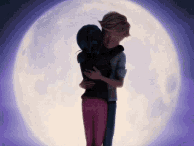 a man and a woman are hugging in front of a full moon