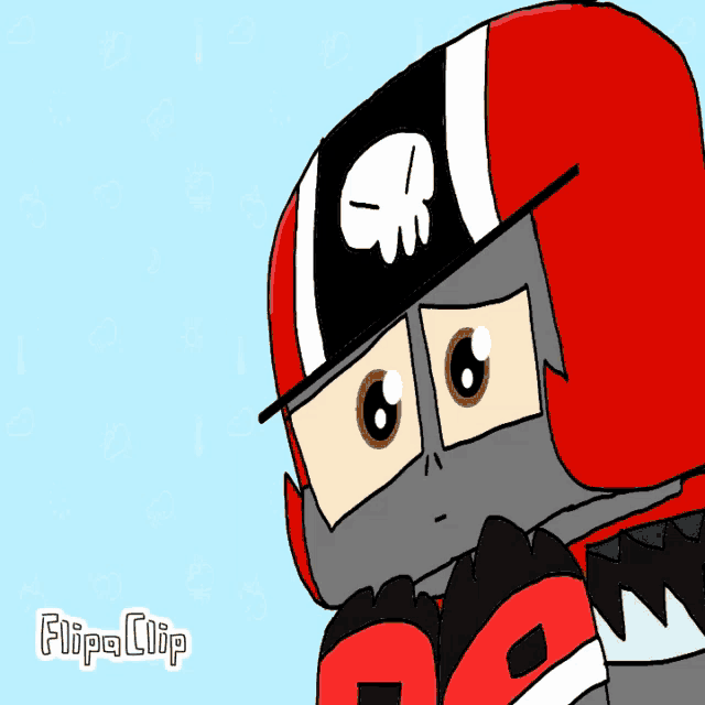 a cartoon character wearing a red helmet with a skull on it and the words flipa clip below him