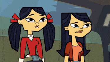 two cartoon girls are standing next to each other with one wearing a red sweater with the letter m on it