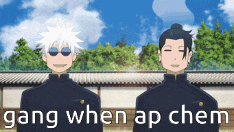 two anime characters standing next to each other with the words gang when ap chem written on the bottom