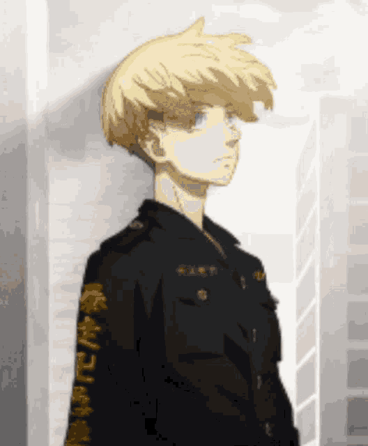 a young boy with blonde hair is wearing a black jacket with chinese writing on the sleeves .