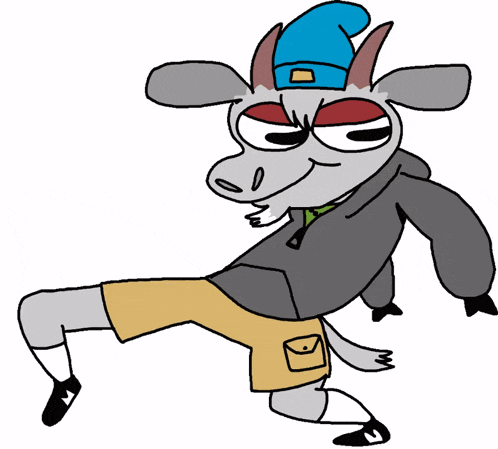a cartoon goat with a blue hat and shorts