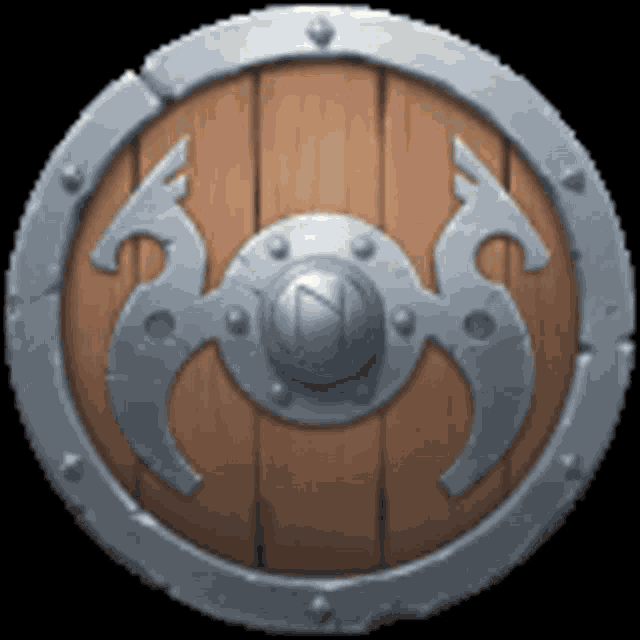 a round wooden shield with a metal emblem on it
